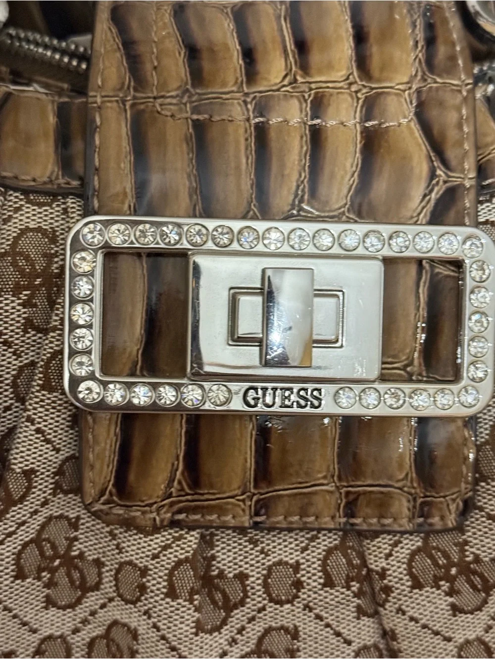 Vintage Guess Brown Monogram Shoulder Bag with Croc-Trim Accents